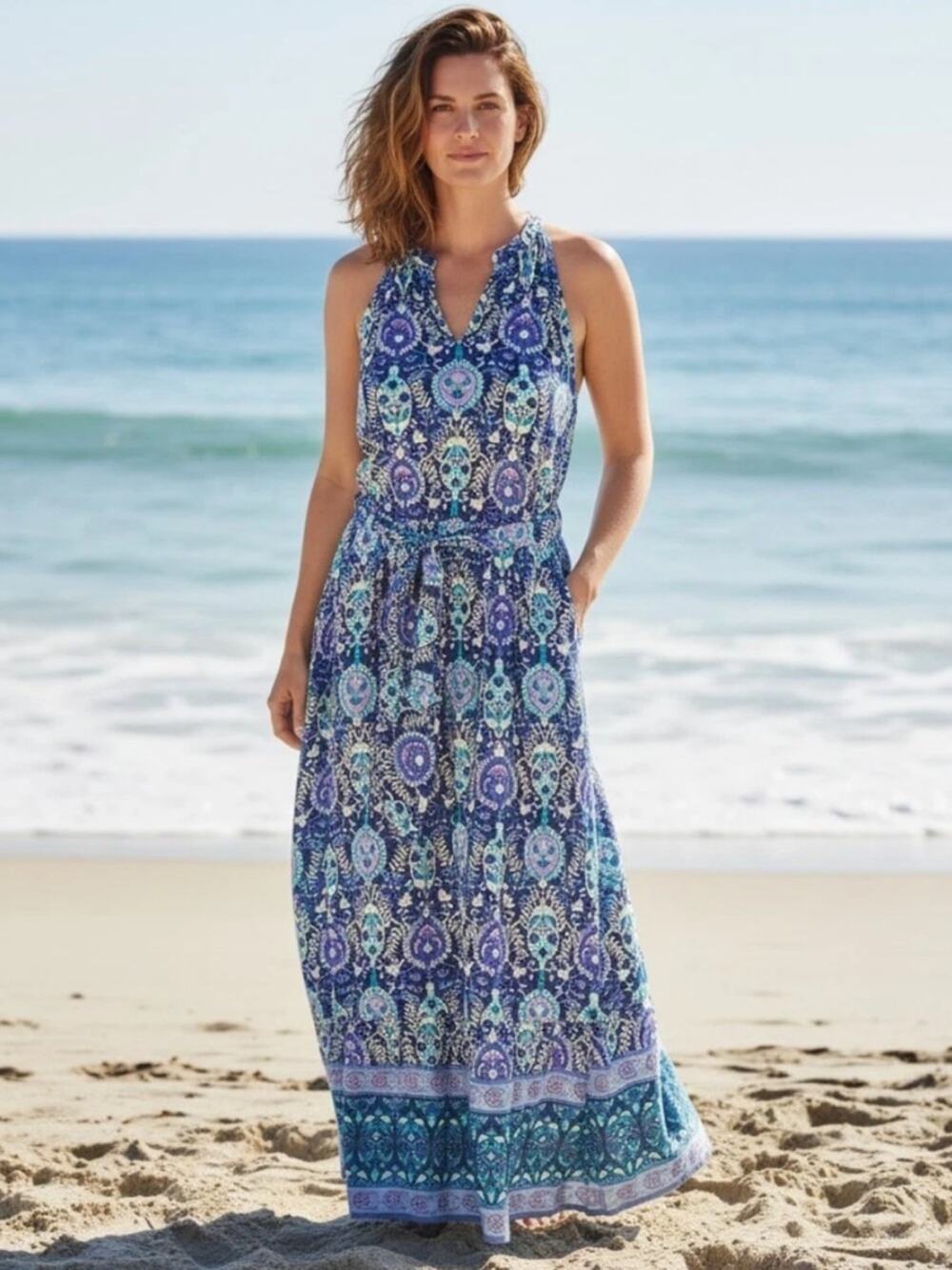 Talbots Floret Medallion Tie Waist Maxi Dress Womens 4 Blue Cottagecore Spring